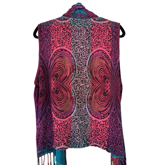 Anu Bohemian Sleeveless Open Front Vest Art-to-Wear Fringe Hem Vibrant Print - Picture 2 of 10
